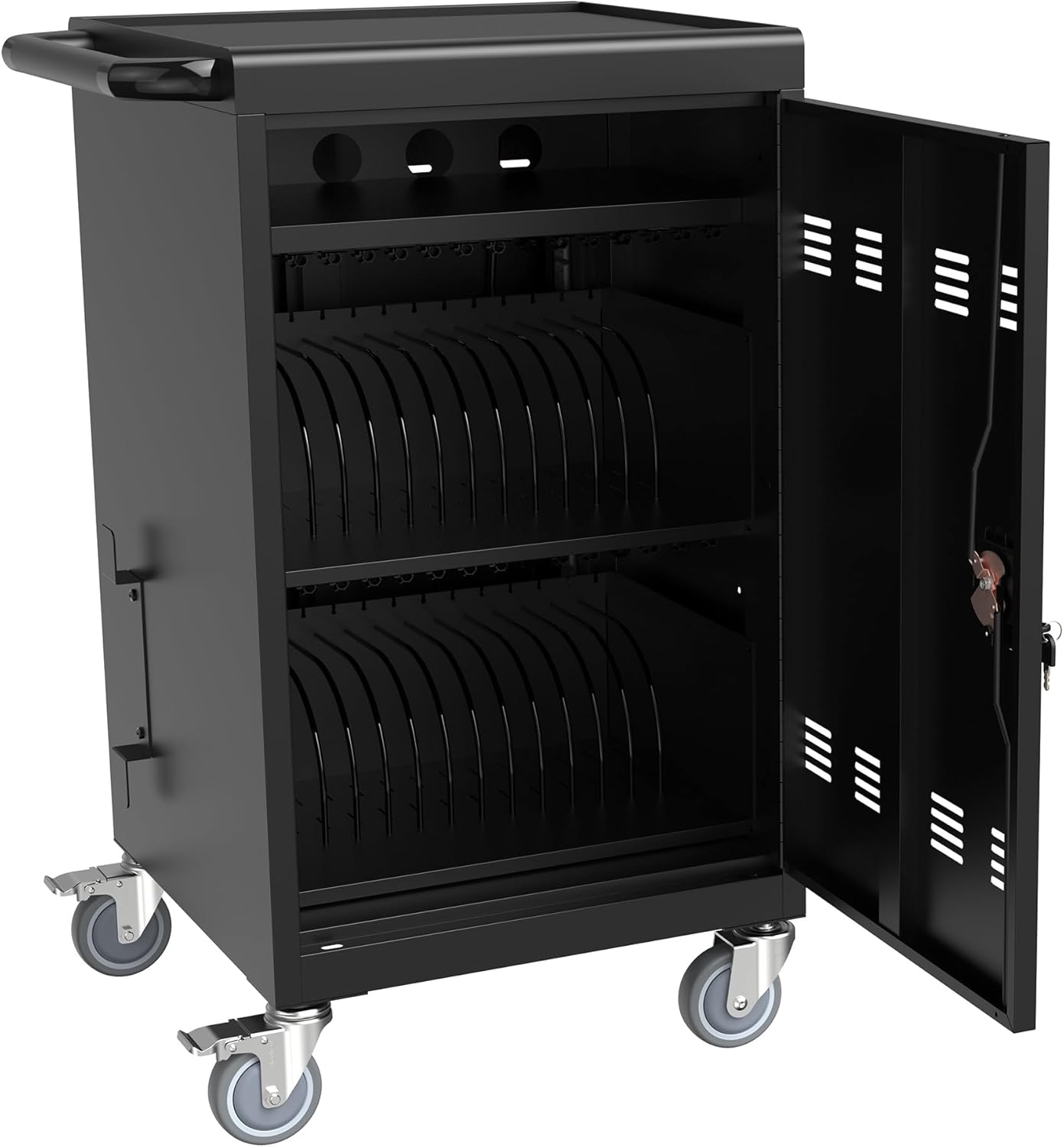 30-Device Mobile Charging Cart with Charging Power Strip and Front and Rear Access Locks, Cable Management, Up to 17"", Safe Charging Cabinet for Ipads, Chromebooks, Tablets, Laptops Black