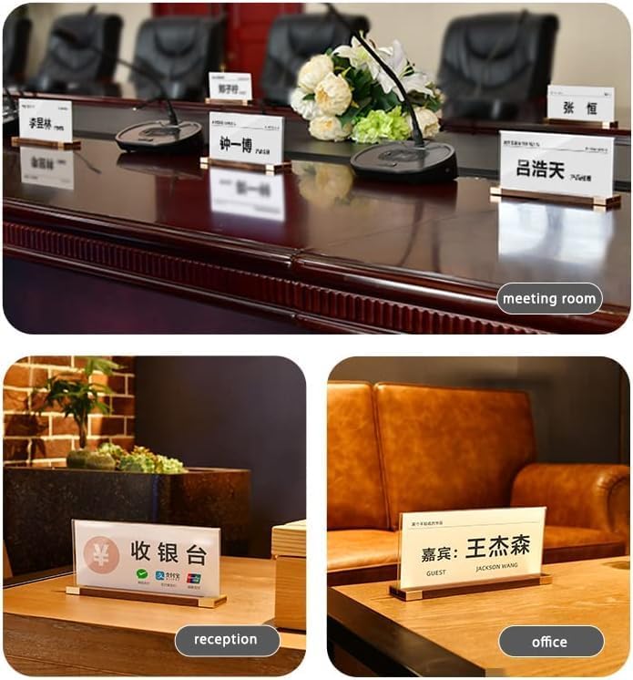 Desk Name Plate Holder, Acrylic Sign Holder for Table Display, Wood Base Double Sided Nameplate 200*90MM/7.87x3.54 inches