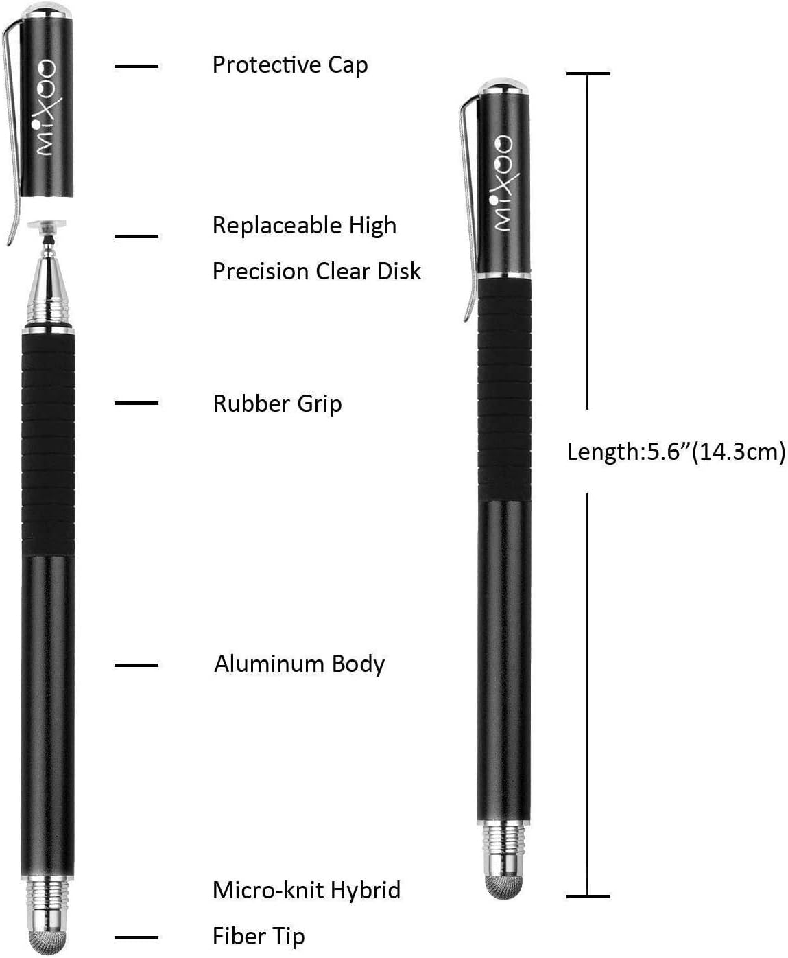 Mixoo Stylus Pen for Touchscreen, 2-in-1 Disc and Fiber Tip Sensitivity and Precision, Stylus for iPad, iPhone Tablet Phone Chromebook All Touch Screens Devices, Black