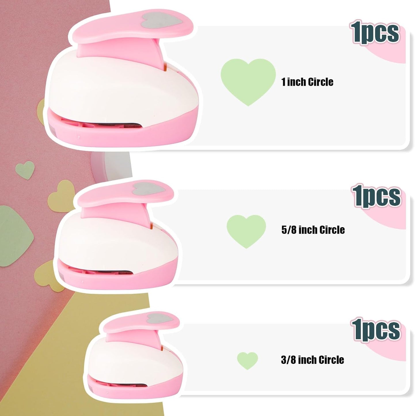 LOVEINUSA Pink Heart Shape Hole Punch 3PCS Set, High Precision Design for Romantic Heart Patterns for Wedding, Greeting Cards Decations, Scrapbooking DIY, Tissue Papers for Gift Bags & Decorations