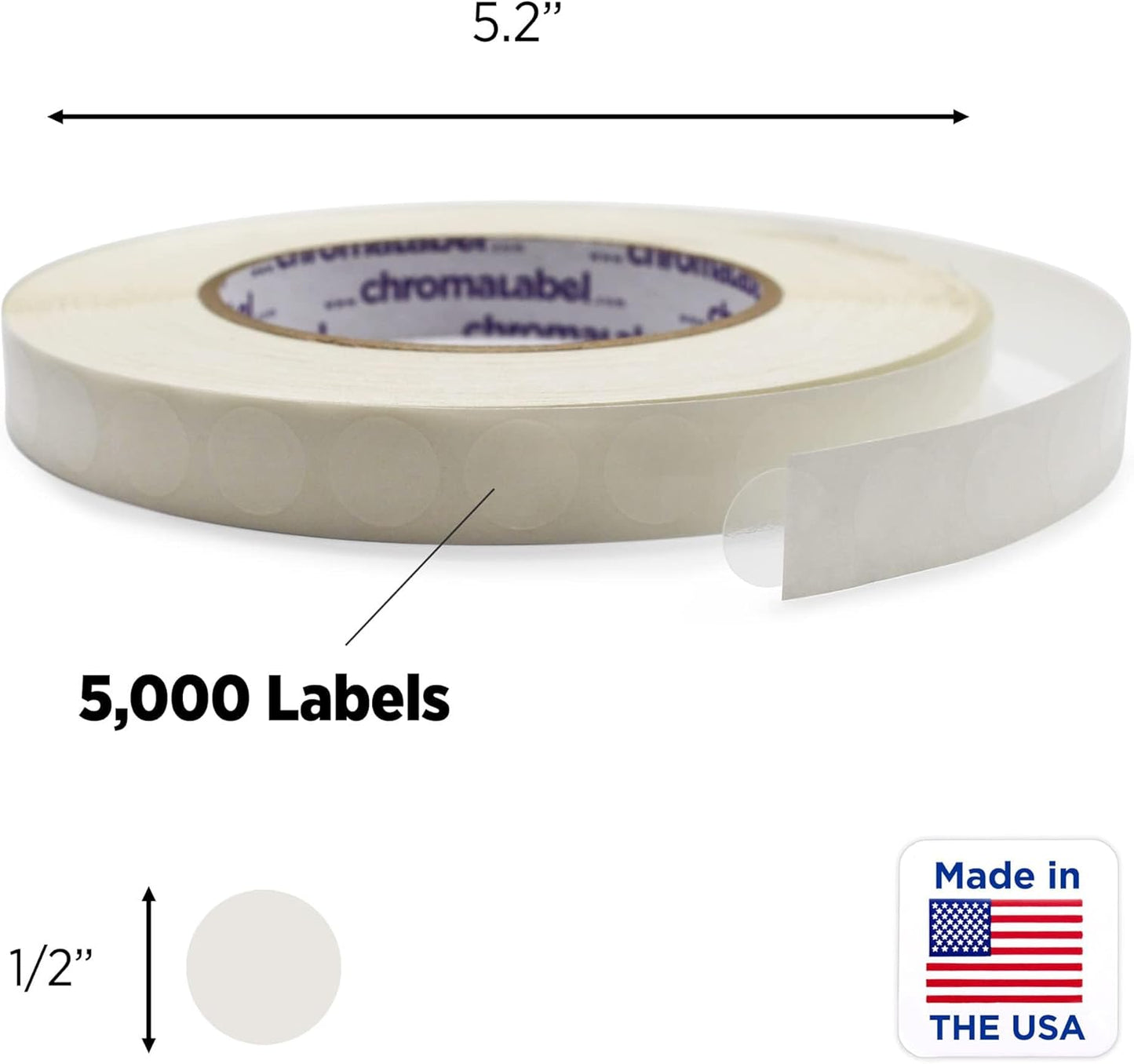 ChromaLabel 0.50 inch Round Clear Transparent Dot Stickers, 5000/Roll, Non-Perforated