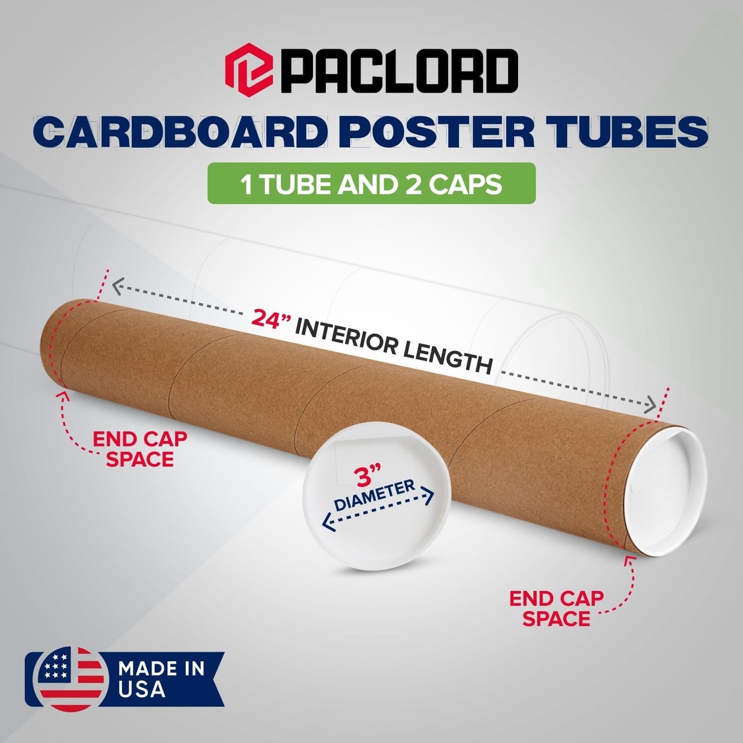 3" x 24" Reinforced Kraft Paper Mailing Tube, Pack of 1 Tube with 2 Caps – Secure USPS Approved Poster Tube – Cardboard Tube for Shipping and Storing Posters, Prints, Artwork, or Documents