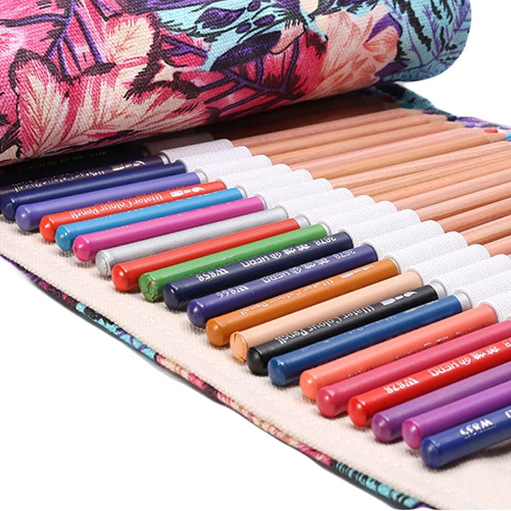 DIYOMR 24/36/72 Slots Pencil Wrap Pencil Rolls, Artist Colored Pencils Roll Up Bag Short Brushes Pouch Case Pencils Organizer for Drawing Coloring and Sketching (Maple Leaves, 24slots)