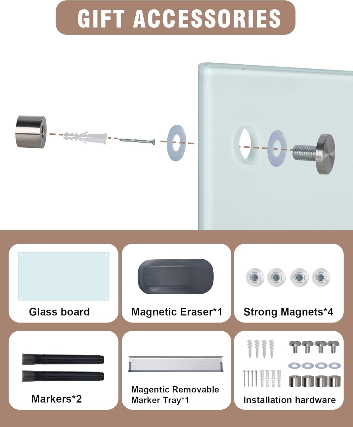 Magnetic Glass Whiteboard，36"x24" Wall Mounted Frameless Dry Erase Board for Office, Home & School White