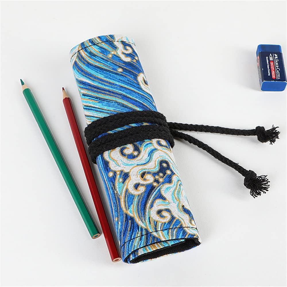 DIYOMR 24/36/72 Slots Pencil Wrap Pencil Rolls, Artist Colored Pencils Roll Up Bag Short Brushes Pouch Case Pencils Organizer for Drawing Coloring and Sketching (Blue Ocean, 24slots)