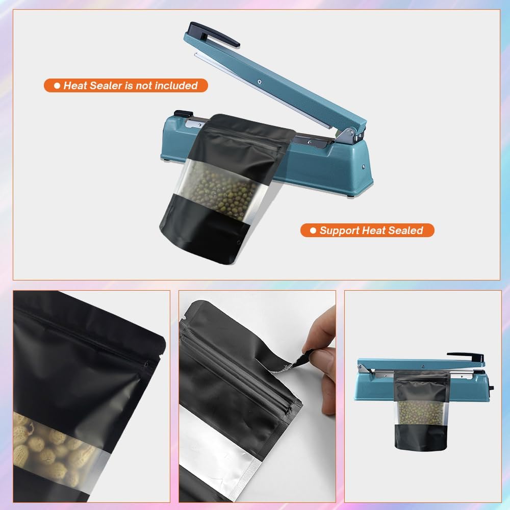 4CP 100 Pcs Black Zipper Smell Proof Bags with Window, 3.5x5.0 Inch Stand Up Foil Pouches for Food Selfsealing Storage, Reusable Bag for Packaging Small Business, Cookies, Nunt, Candy