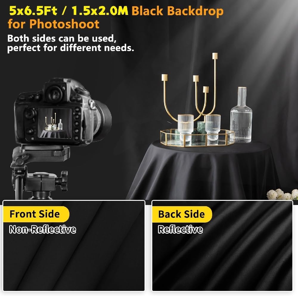 Black Backdrop for Photoshoot, 5x6.5ft Black Photo Backdrop Background, 1.5x2m Collapsible Black Fabric Backdrop Curtain, Portrait Black Back Drop Cloth, Content Creator Backdrops for Video Recording