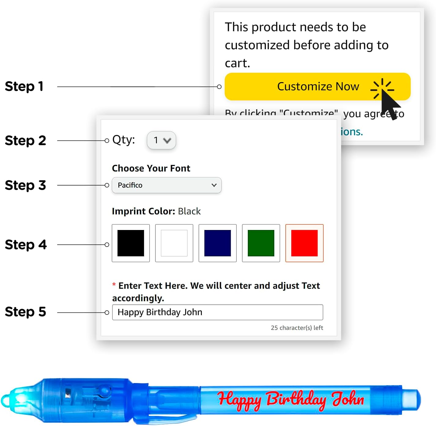 Personalized Invisible Disappearing Ink Pen Marker, Custom Secret Spy Message Writer with UV Light, Fun Activity Entertainment for Kid Party Favors Ideas Gifts and Stock Stuffers, 12 Pack, Blue