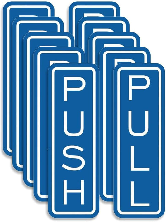 All Quality Classic Vertical Push Pull Door Signs - Great for Glass Doors | Professional Looking Signs | Easy Installation Includes Double-Sided Foam Adhesive Tape (Blue) - Medium (5 Pack)