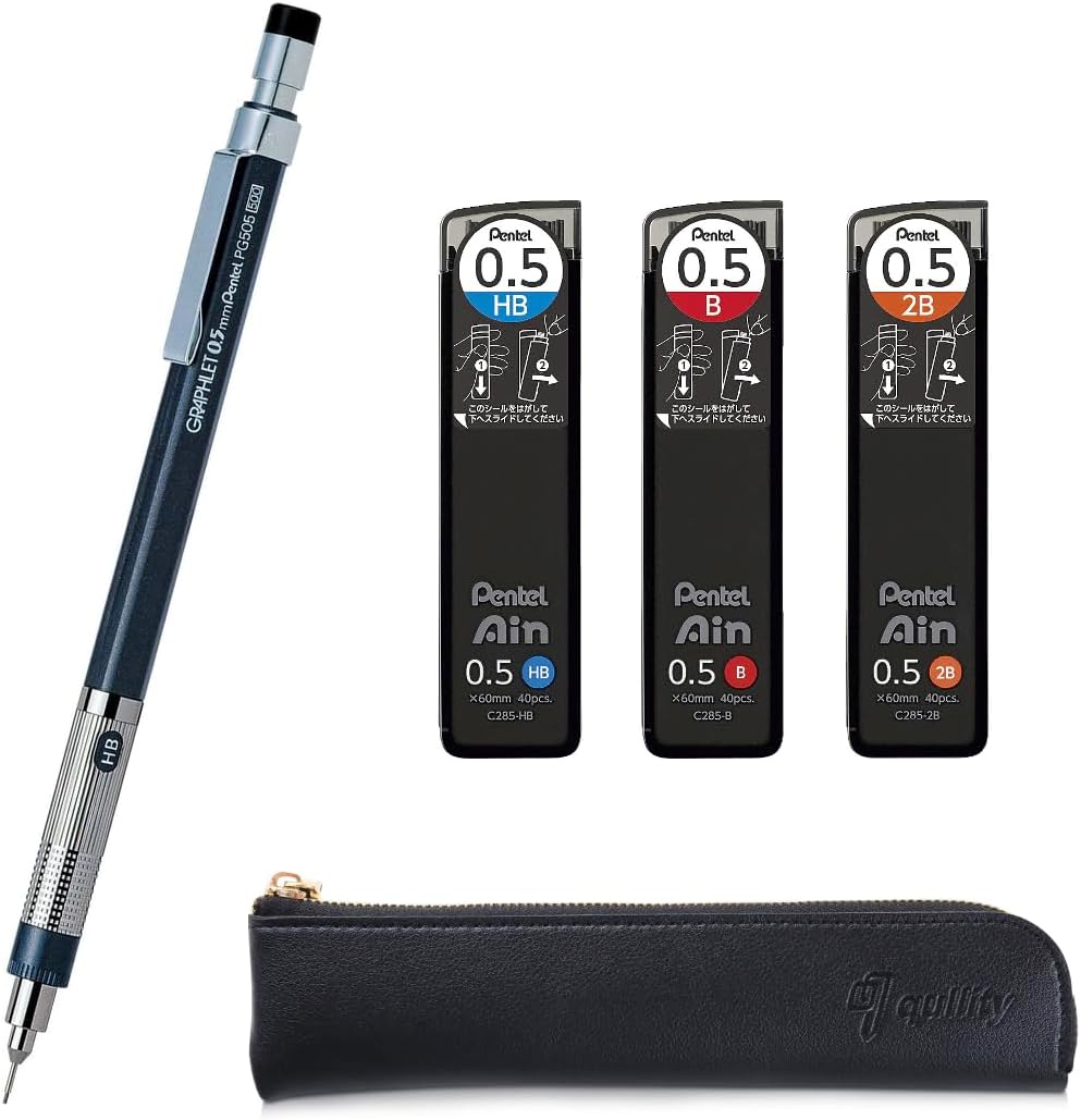 Graphlet Mechanical Drafting Pencil + Ain HB/B/2B leads, original Black slim pen case (0.5mm)
