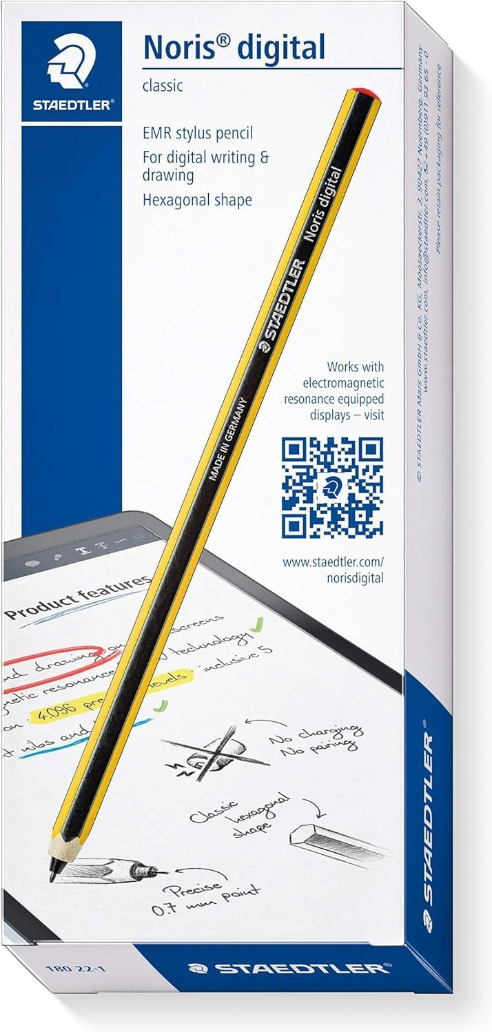 STAEDTLER Noris Classic Digital Stylus Pen: No Charging, EMR Palm Rejection, 4.096 Pressure Levels, Hexagonal Shape, Natural Writing and Drawing on Touchscreen Tablet, Laptop, Phone