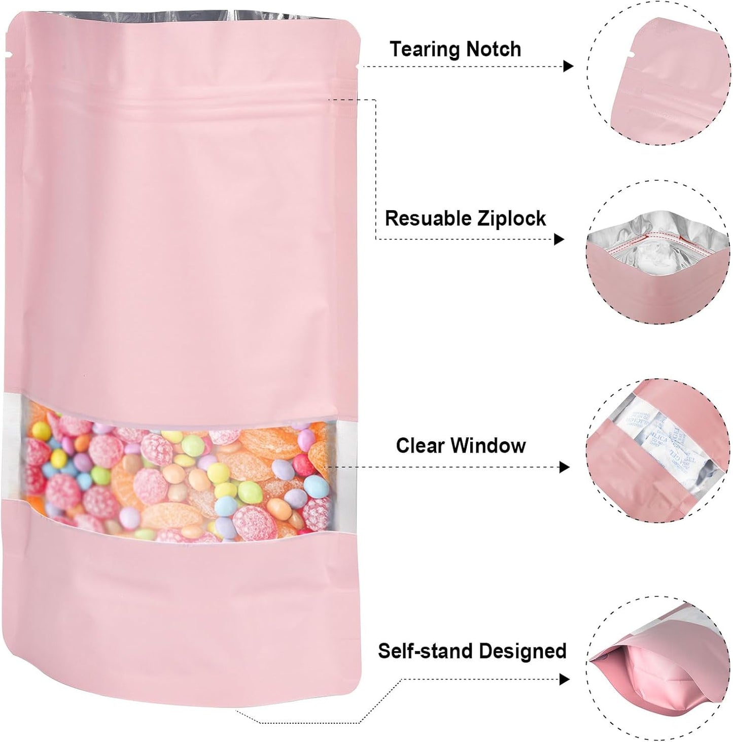 3.5"x5" 120pcs Mylar Bags for Food Storage,Smell Proof Bag with Matte Window Resealable Food Storage Bags for Small Business, Stand-up Foil Pouch Packaging Freeze Dried Candy Bag(Pink)