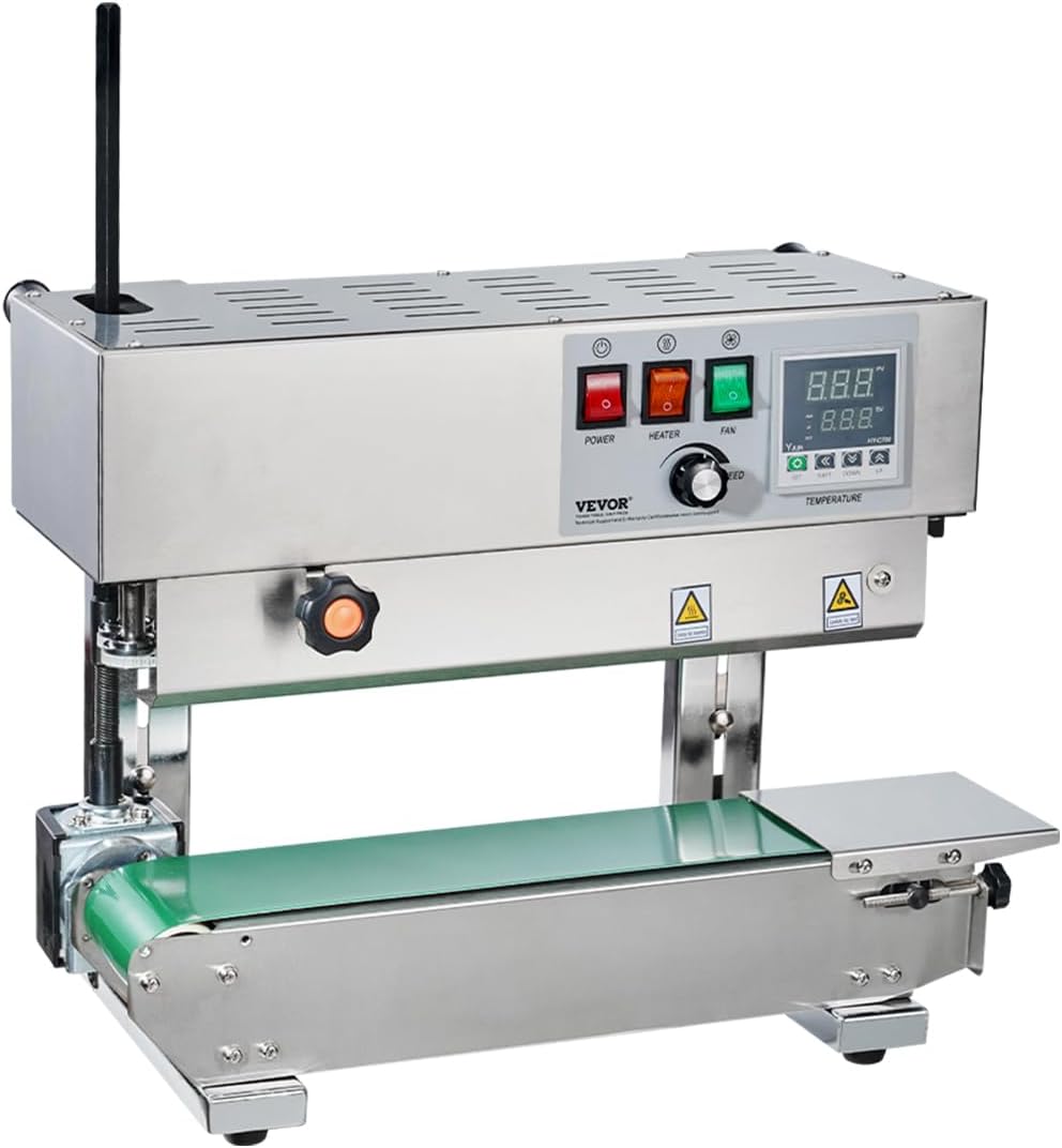 VEVOR Continuous Bag Band Sealing Machine, 0.24-0.47 in/6-12 mm Seal Width, Vertical Band Sealer Machine with Digital Temperature Control, Stainless Steel Bag Sealer for 0.02-0.8 mm Plastic Bags Films