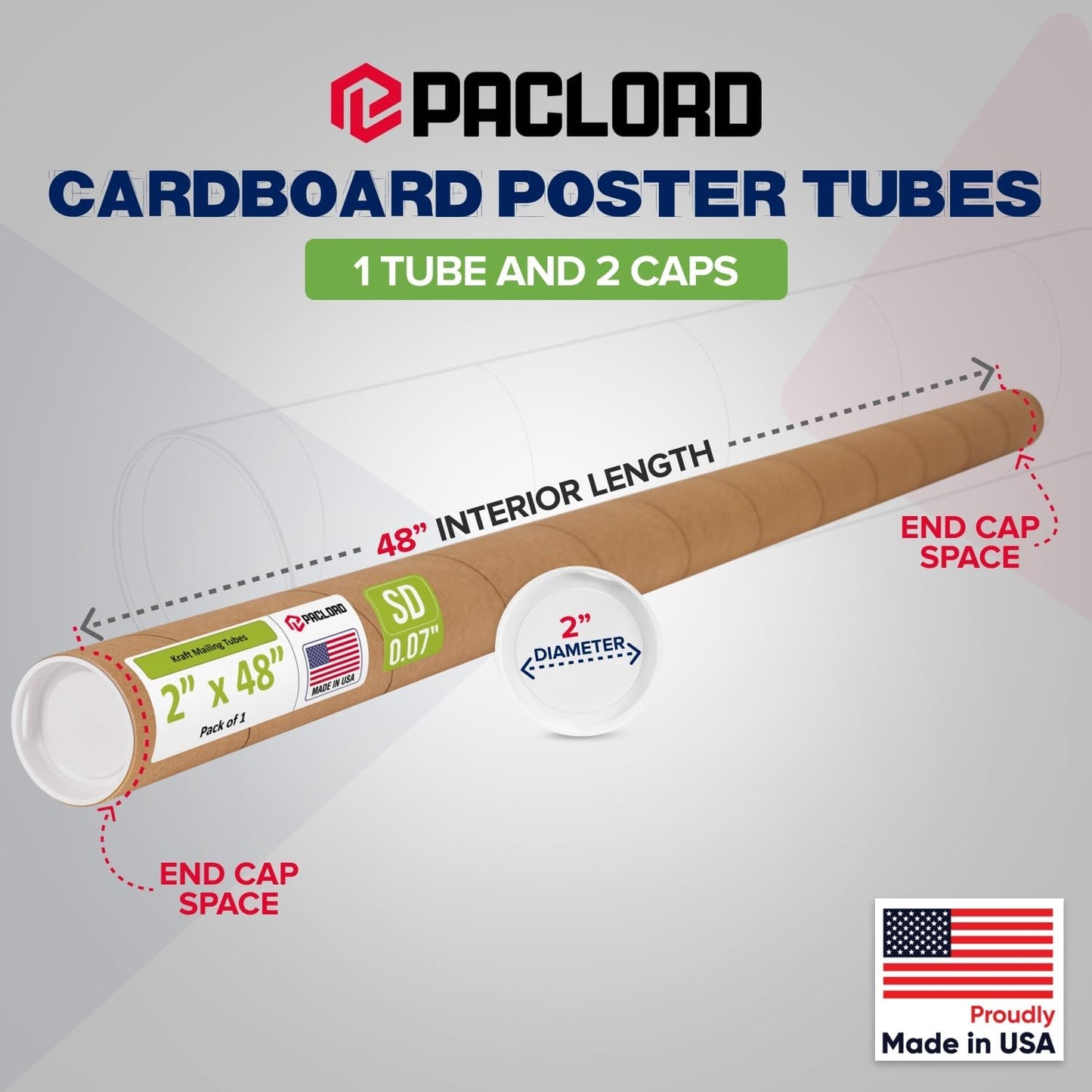2" x 48" Reinforced Kraft Paper Mailing Tube, Pack of 1 Tube with 2 Caps – Secure USPS Approved Poster Tube – Cardboard Tube for Shipping and Storing of Posters, Prints, Artwork, or Documents