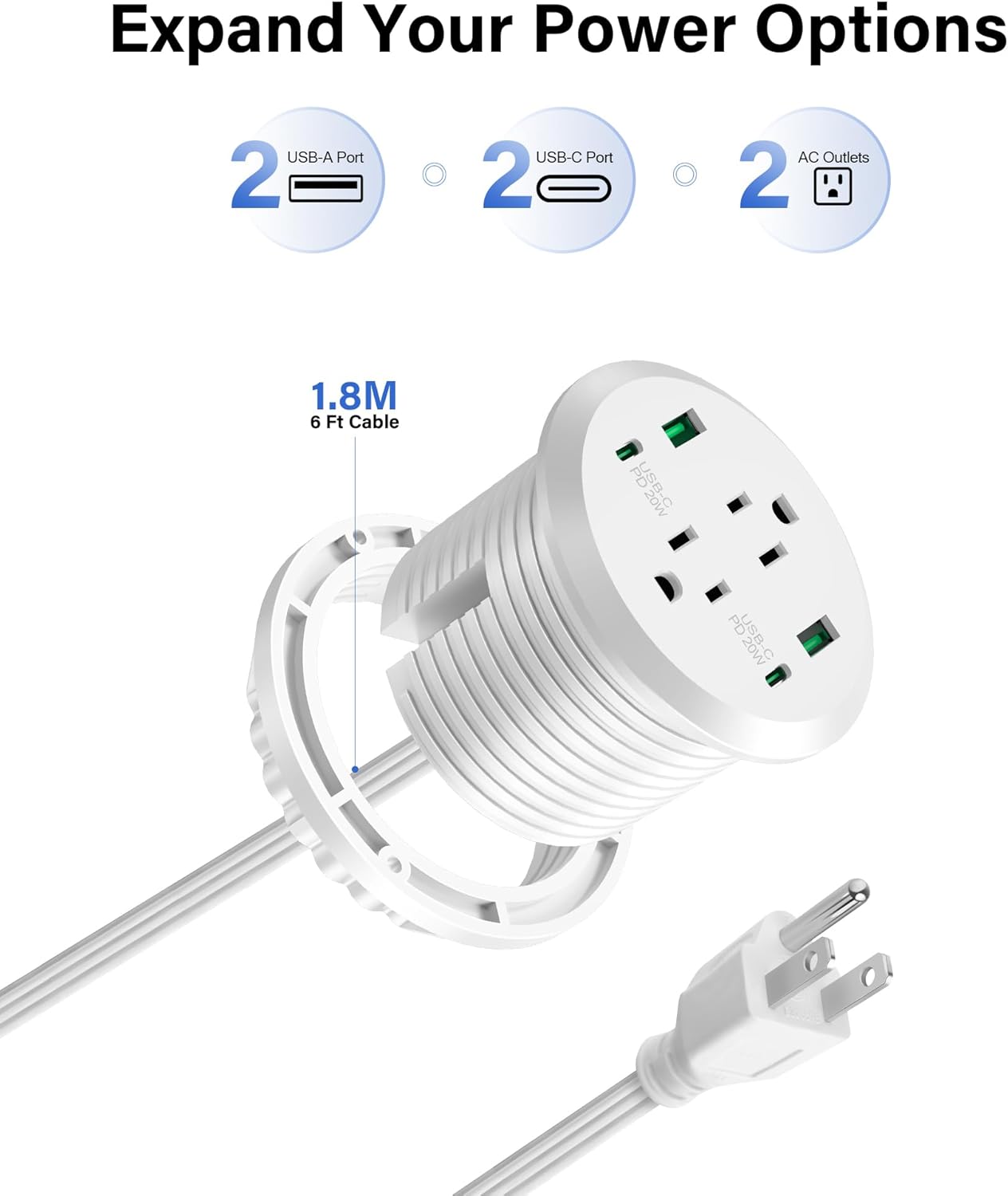 Desktop Power Grommet 3-inch Hole,40W Total Fast Charging Station, 2 PD 20W USB C Port,Flush-Mount Recessed Power Strip, 2 AC Outlets,4 USB Ports,in to The Top of Your Desk,6ft Cord