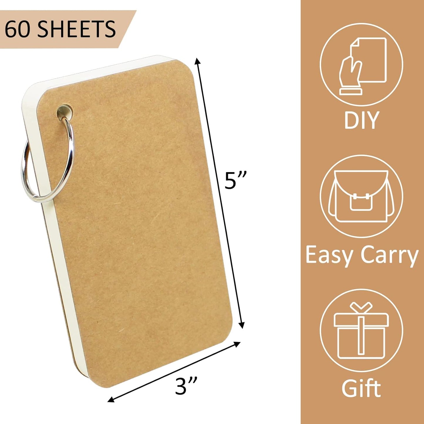 6 Pack 3x5 Inch Blank Flash Cards with Binder Rings (60 Sheets Each Pack), Blank Easy Flip Index Card Mini Study Cards for Studying