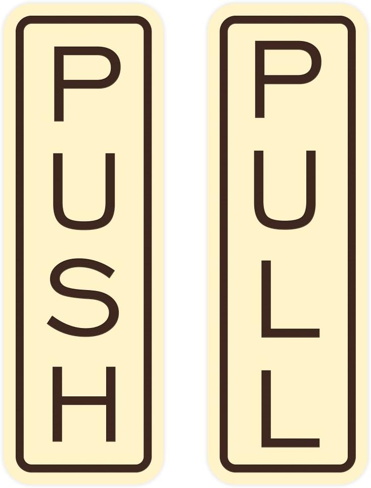 All Quality Classic Vertical Push Pull Door Signs - Great for Glass Doors | Professional Looking Signs | Easy Installation Includes Double-Sided Foam Adhesive Tape (Ivory/Brown) - Small (1 Pack)