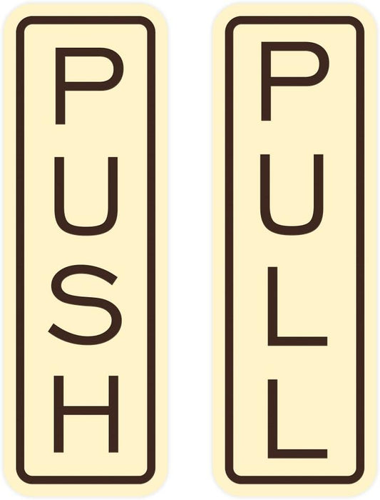 All Quality Classic Vertical Push Pull Door Signs - Great for Glass Doors | Professional Looking Signs | Easy Installation Includes Double-Sided Foam Adhesive Tape (Ivory/Brown) - Small (1 Pack)