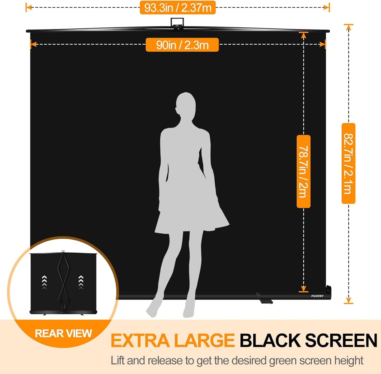 FUDESY 78.7 x 93in Large Collapsible Black Backdrop Screen, Portable Retractable Pull Up Panel Wrinkle-Resistant Photo Background for Streaming, Video Conference, Photographic Studio