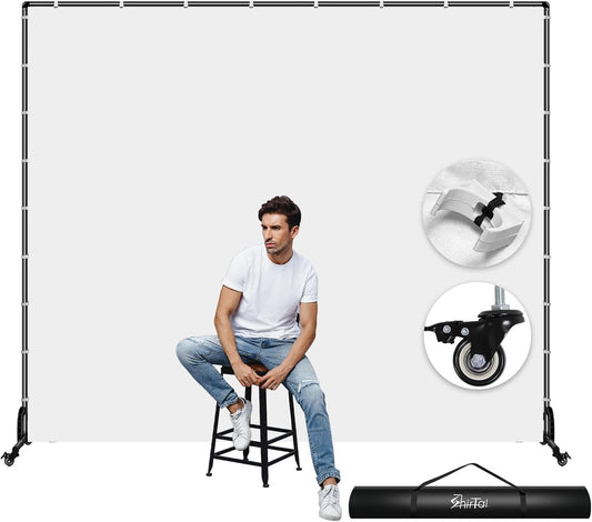 7x6.5ft Movable Backdrop Stand With White Screen and Wheels - Photography Background Stand for Photoshoot, Studio Video Recording, Events, Streaming