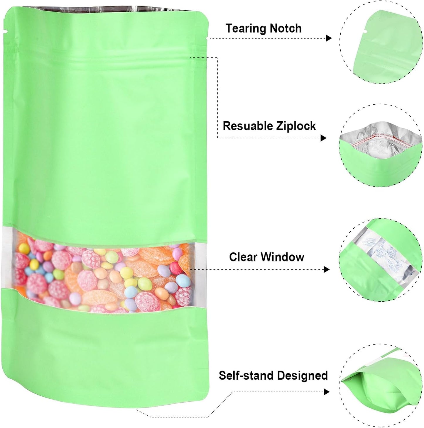 4"x6" 120pcs Mylar Bags for Food Storage,Smell Proof Bag with Matte Window Resealable Food Storage Bags for Small Business, Stand-up Foil Pouch Packaging Freeze Dried Candy Bag(Light Green)