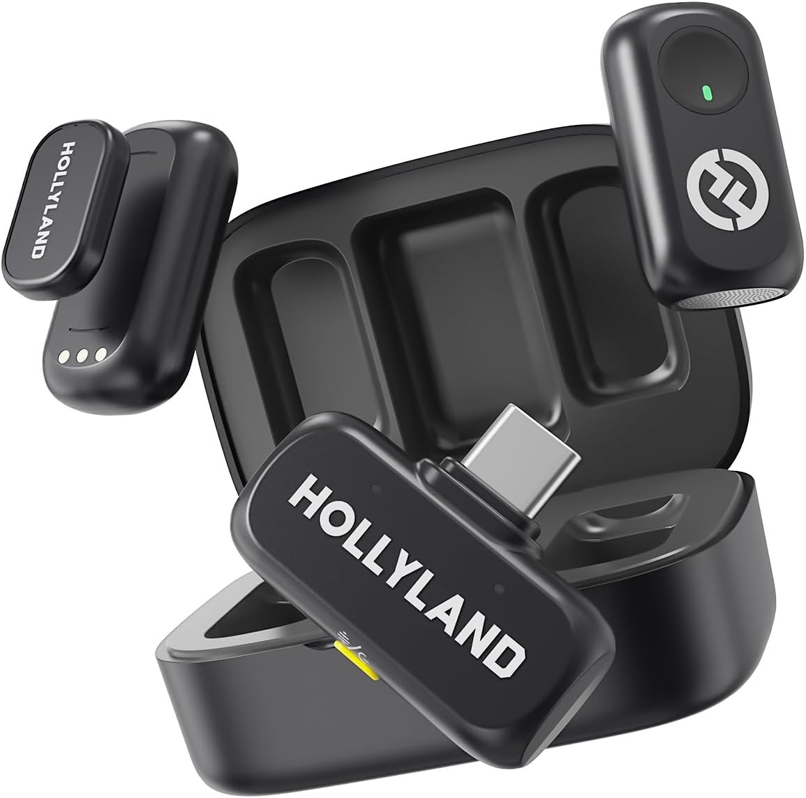 Hollyland LARK A1 Wireless Microphone for iPhone 15/16 & Android, 48kHz/24-bit, 3-Level Intelligent Noise Cancel, Mini Microphone for YouTube, Podcast, Vlogging (Black, 2TX + USB-C RX + Charging Case)