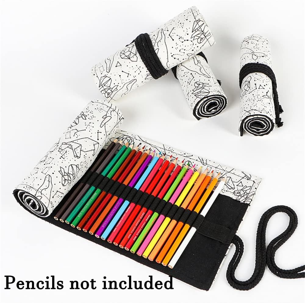 DIYOMR 24/36/72 Slots Pencil Wrap Pencil Rolls, Artist Colored Pencils Roll Up Bag Short Brushes Pouch Case Pencils Organizer for Drawing Coloring and Sketching (White Starry Sky, 24slots)