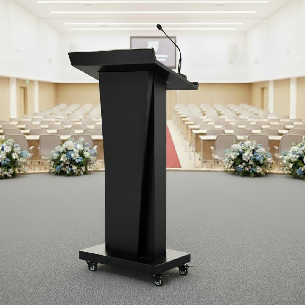 MOOFI Heavy Duty Portable Podium Stand on Wheels, Rolling Black Metal Lectern with Lockable Casters, Storage Cabinet, Mobile Presentation Stand, Pulpit for Conference Room, Church, Classrooms & Events