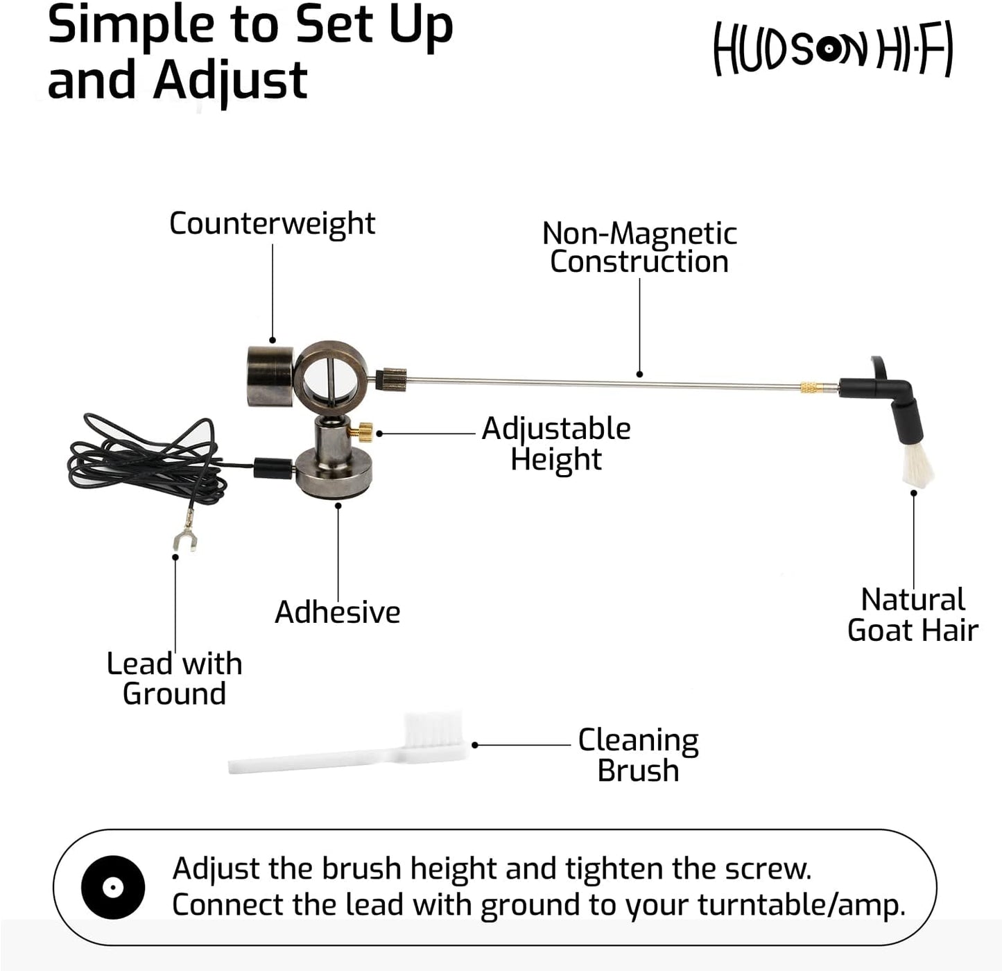 Hudson Hi-Fi Anti-Static Cleaning Arm - Adjustable, Universal Fit - Defy Damage, Perfect Playback - AutoMagically Cleans as LP Plays to Remove Dust & Static, End Needle Skipping, Popping