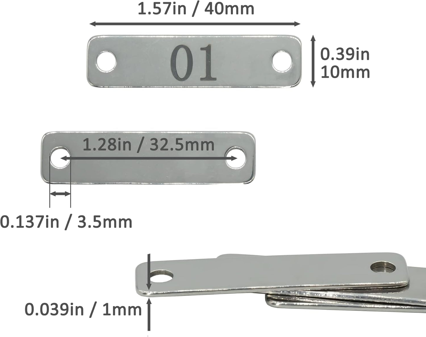 StayMax Small Stainless Steel Rectangle Numbered Tags with Two Holes 4cm*1cm (1-10)