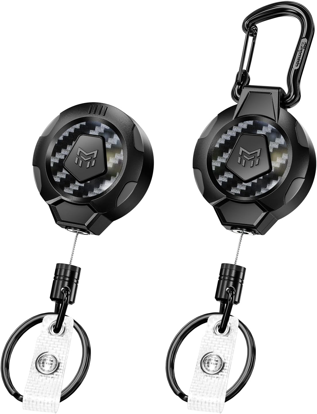 MNGARISTA Upgraded Heavy Duty Retractable Keychain, Belt Clip Ver. & Carabiner Ver., 10 oz Retraction, 31.5" Stainless Steel Cable, 3K Carbon Fiber Tactical ID Badge Reel Key Chain Retractor, 2 Pack