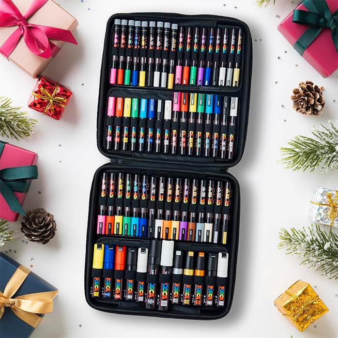 Posca Exclusive Holiday Paint Markers Gift Set of 62 with Carrying Case, Great for Children and Adults, Includes 350, 1MR, 1M, 3M, 5M, 7M, 8K, & 17K