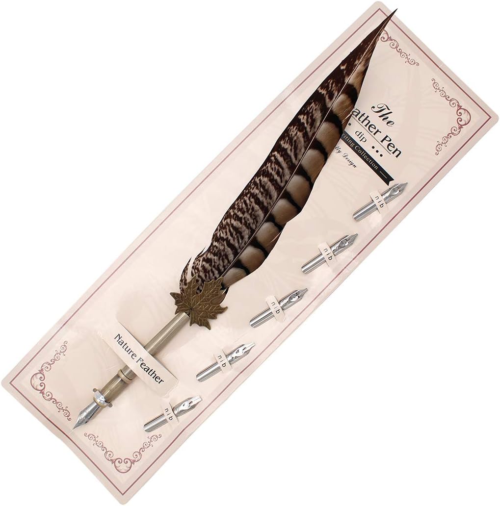 Gullor Quill Handcraft Feather Dip Pen Stem Metal Nib Pen Writing Quill with 5 Extra Nibs, Style D