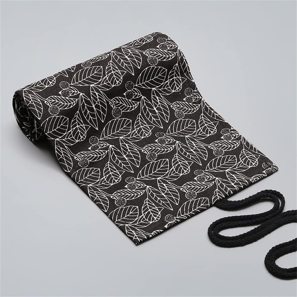 DIYOMR 24/36/72 Slots Pencil Wrap Pencil Rolls, Artist Colored Pencils Roll Up Bag Short Brushes Pouch Case Pencils Organizer for Drawing Coloring and Sketching (Black Leaves, 72slots)
