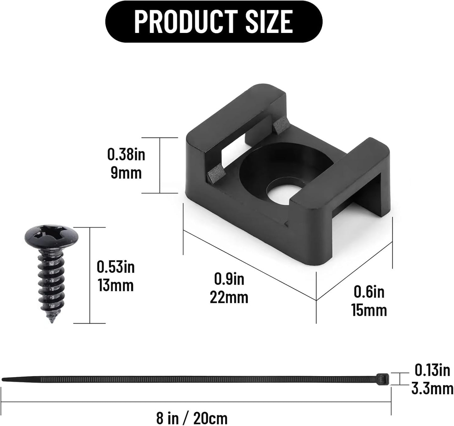 100Pcs Cable Zip Tie Mounts Kit, 0.9in Plastic Zip Ties with Screw Hole, Black Zip Tie Anchors, Sturdy Zip Tie Mounting Squares Base with Tapping Screw for Wire Organizer (Black, 0.9 inch)