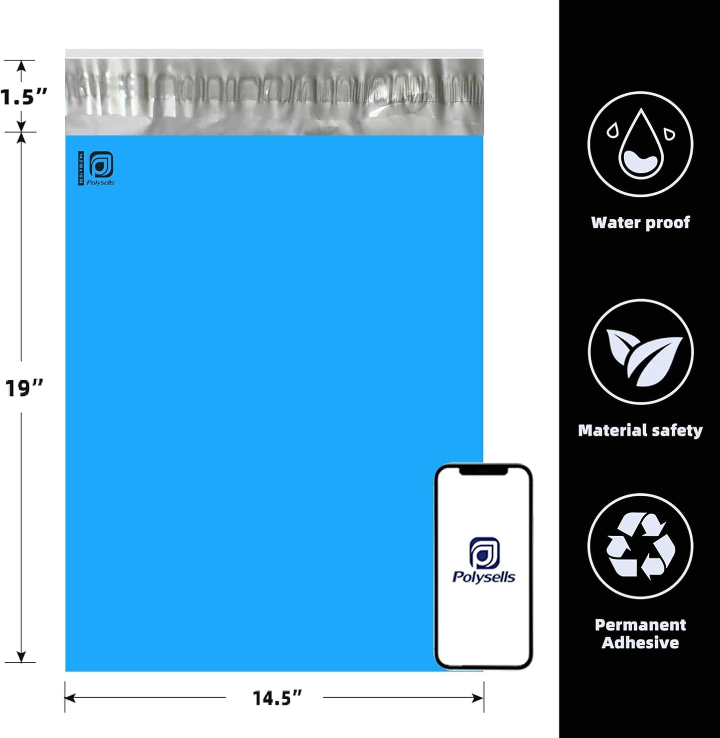 POLYSELLS 1000 pcs 14.5x19 Inches Blue Poly Mailers Shipping Envelopes, Strong Adhesive Sealing, Waterproof, and Tear-resistant Postal Mailing Bags for Clothing, Books, and Accessories