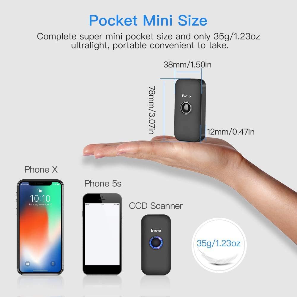 Eyoyo Mini Bluetooth Barcode Scanner: Portable Wireless & USB Wired 1D Bar Code Reader for Book Library Inventory - Fast CCD Screen Scanning Compatible with iPad, iPhone, Android Phones, Tablets PC