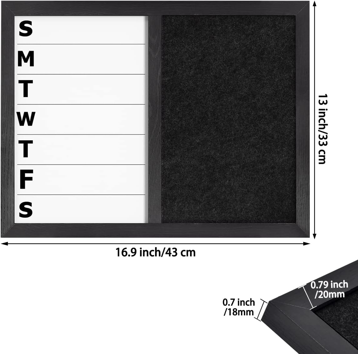 13" x 17" Magnetic Weekly Dry Erase White Board and Felt Board, Black Wood Frame，Magnetic Surface Whiteboard for Home Office and Wall Decor(ZHZL-3343)
