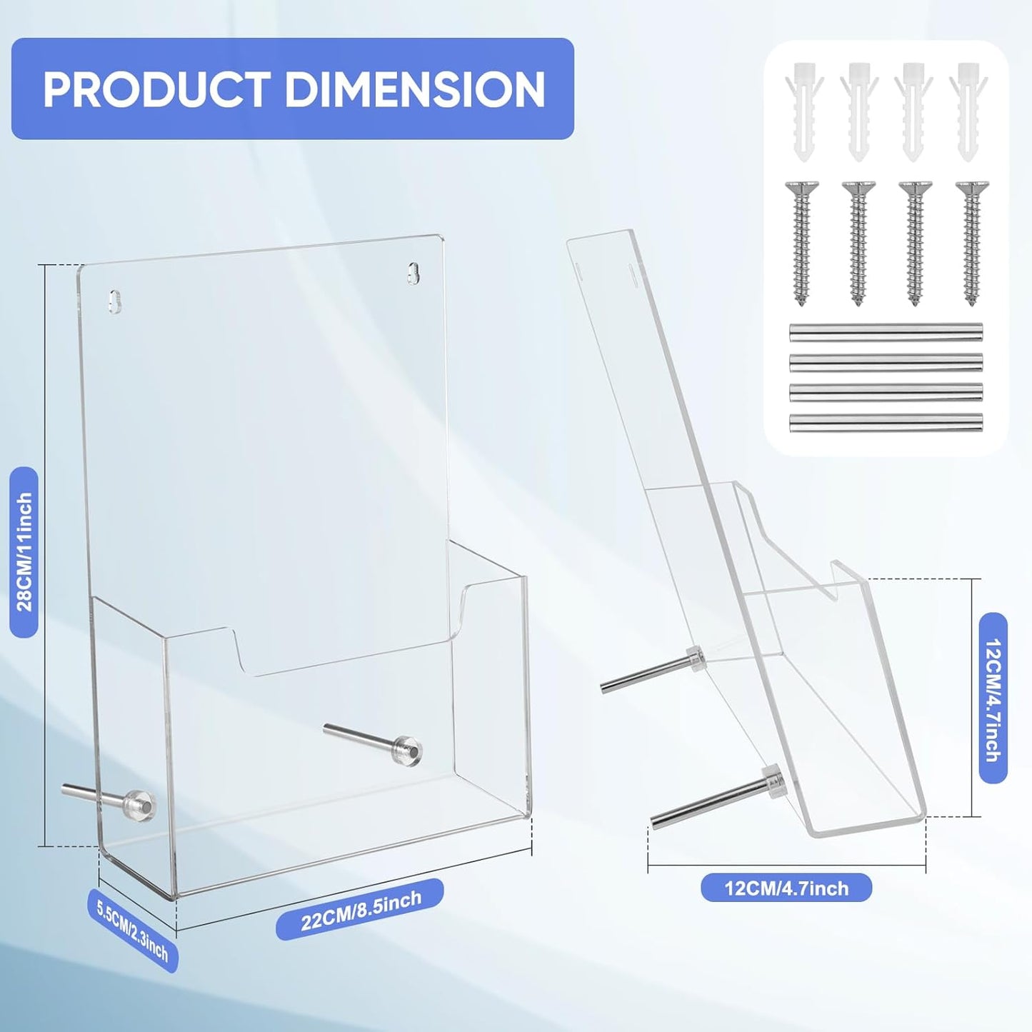 Acrylic Brochure Holder Wall Mount 8.5x11 – Clear Trifold Rack, Detachable Magnetic Rod, Easy-Carry Design for Wall or Desktop Display in Office, Retail, Trade Shows (4 Pack)