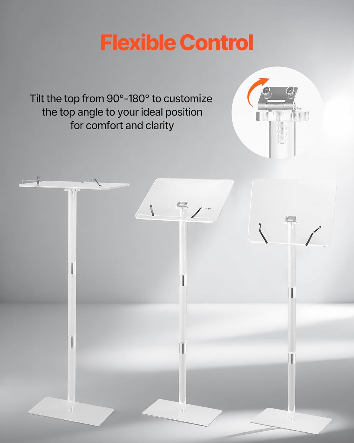 VEVOR Podium Stand, 43-Inch Acrylic Lectern, Portable Laptop Desk with Wide Reading Surface, Book Clips, Adjustable Angle, Floor-Standing, for Classroom, Wedding, Conference, Lecture and Concert
