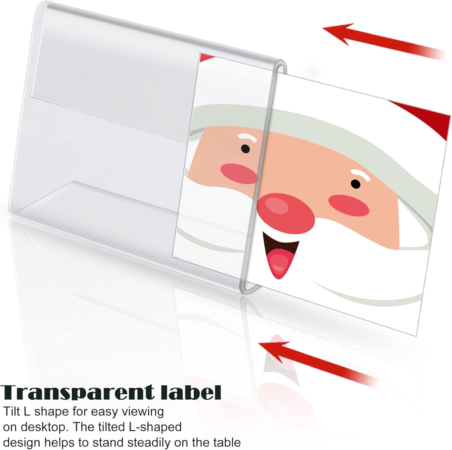 BILLIOTEAM 50pack Mini Clear Sign Display Holder with Blank Labels,2.36*1.57 Inch Horizontal Slanted L-Shape Plastic Name Card Price Card Tag Label Counter Top Stand
