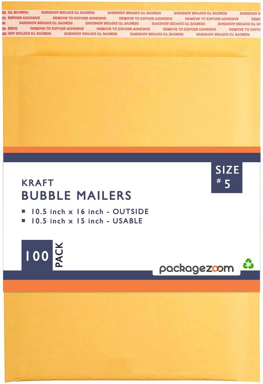 PackageZoom #5 10.5 x 16 Padded Envelopes Kraft Bubble Mailer Shipping Envelopes 100 Pack