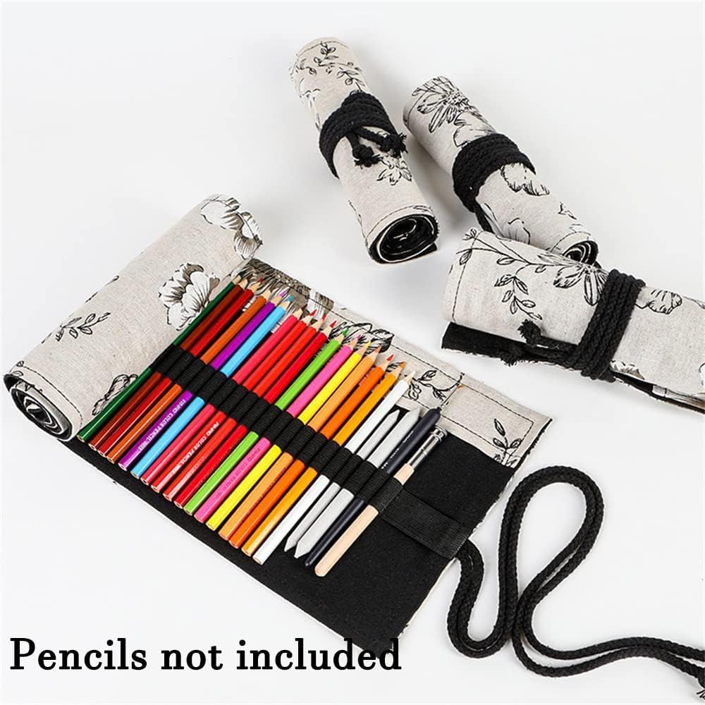 DIYOMR 24/36/72 Slots Pencil Wrap Pencil Rolls, Artist Colored Pencils Roll Up Bag Short Brushes Pouch Case Pencils Organizer for Drawing Coloring and Sketching (Peony Flower, 24slots)