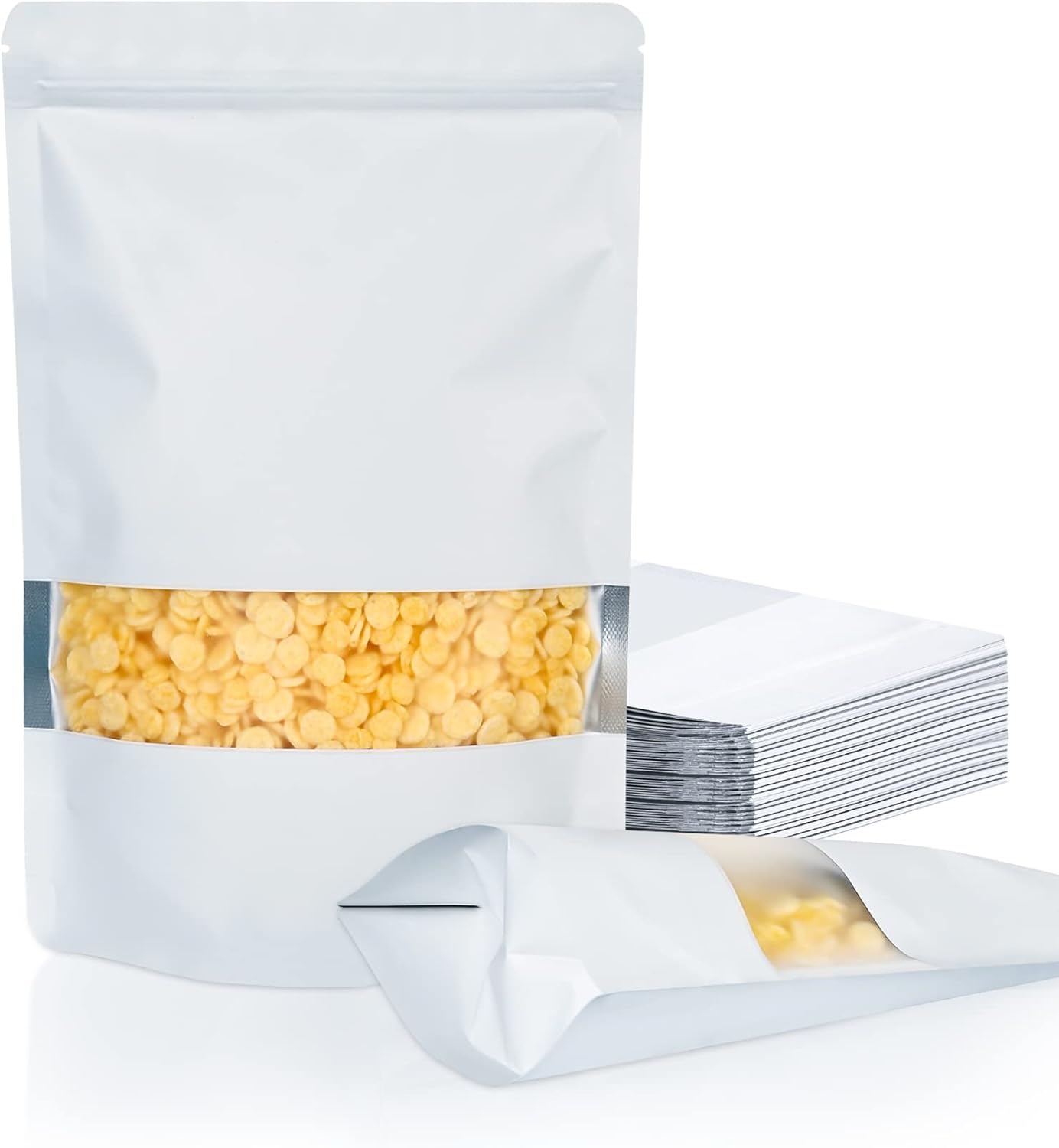 FireKylin 100 Pack Smell Proof Bags 5.5" x 7.8", Resealable Bags with Matte Window, Foil Pouch Stand Up Sealable Bags for Packaging（White）