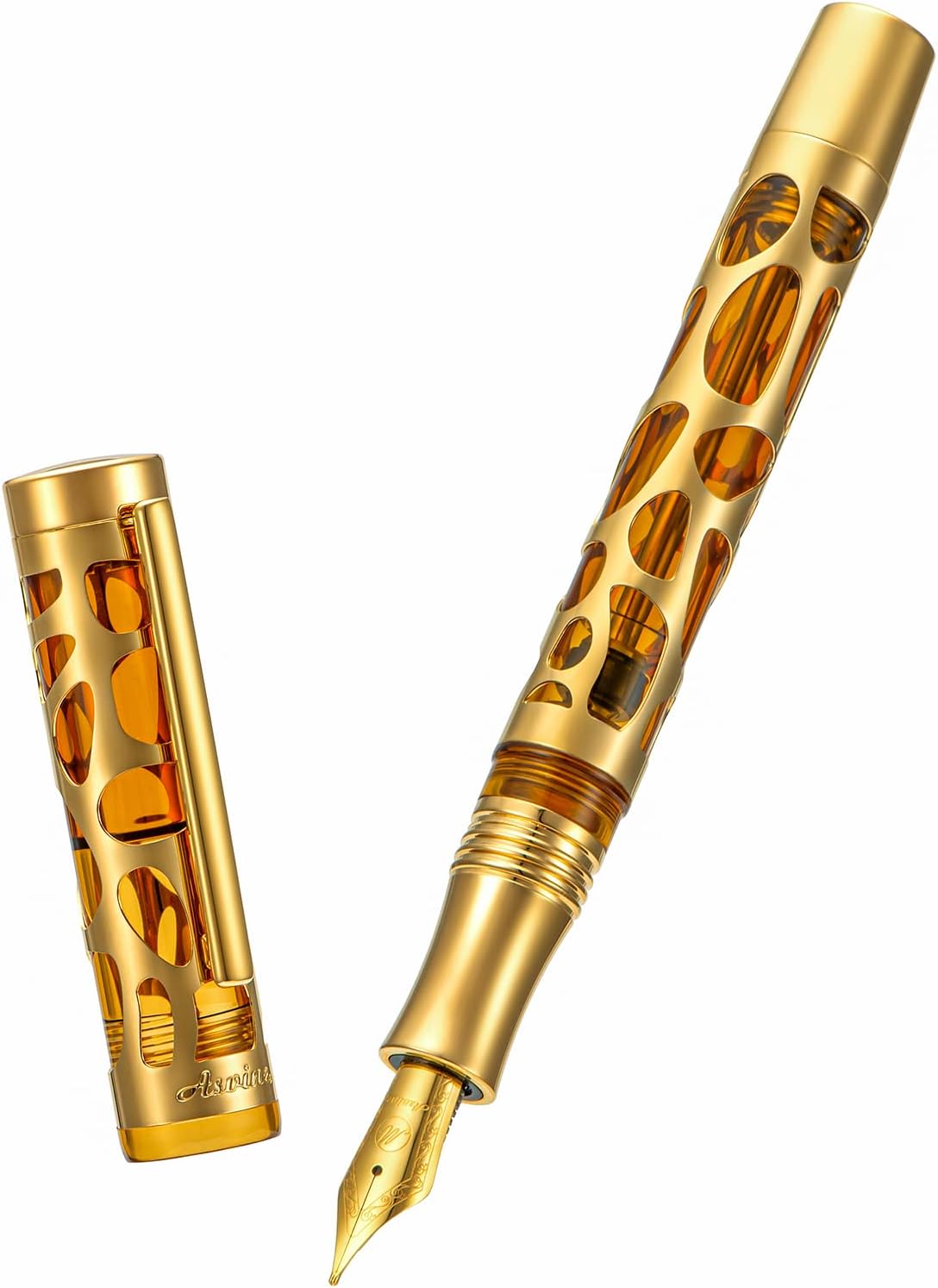 Asvine V169 Vacuum Filling Fountain Pen Iridium Fine Nib, Water Drop Skeleton Gold Trim Transparent Coffee Acrylic Pen Case Set