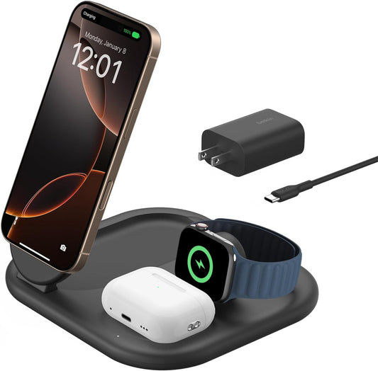 Belkin 3-in-1 MagSafe-Compatible iPhone Charger 15W, Foldable Magnetic Qi2-Certified Wireless Charging Station for iPhone 17, Apple Watch Series 10, AirPods 4, Pixel 10, w/Non-Slip Base & PSU - Black
