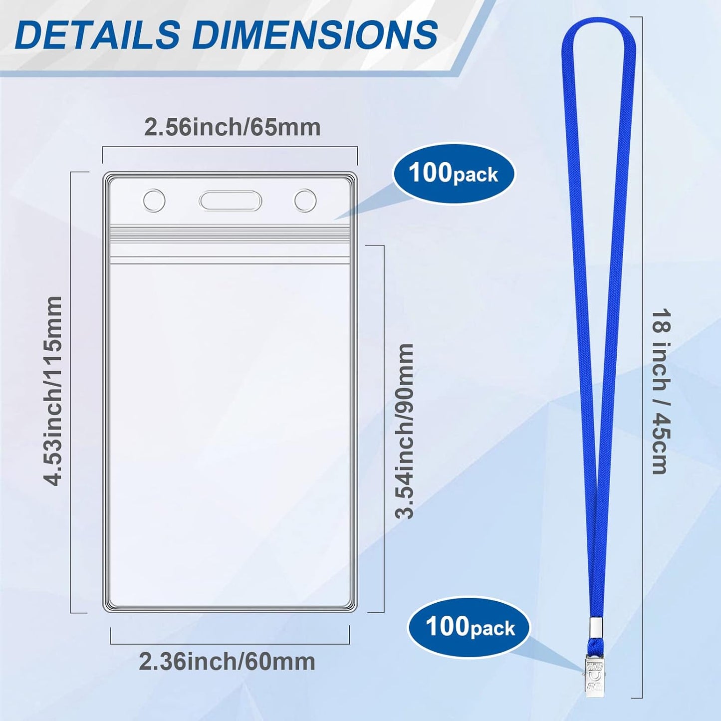 100 Sets Lanyards for Id Badges and Clear Plastic Vertical Name Badge ID Card Holders, Flat Neck Lanyards with Clip Waterproof Resealable Name Tag Badge ID Card Holders, Blue