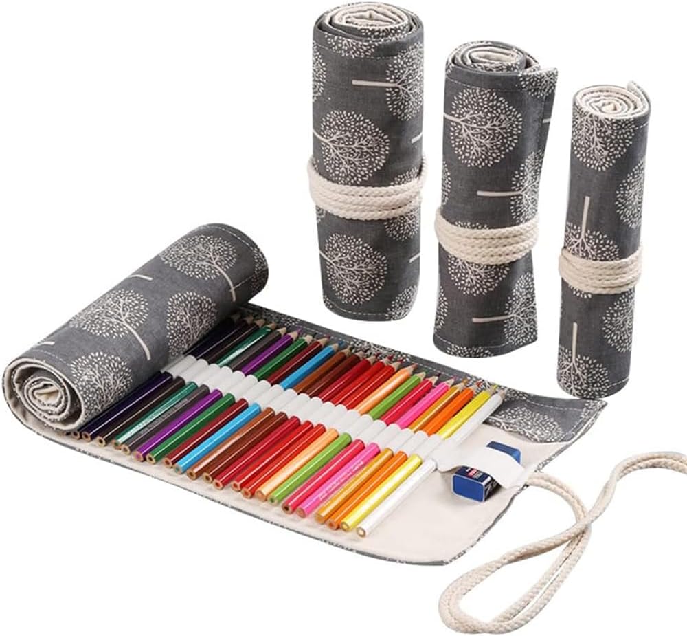 DIYOMR 12/24/36/72 Slots Pencil Wrap Roll, Artist Colored Roll Up Bag, Short Brushes Pouch Case Organizer for Drawing Coloring and Sketching, No Pencils (Trees, 12slots)