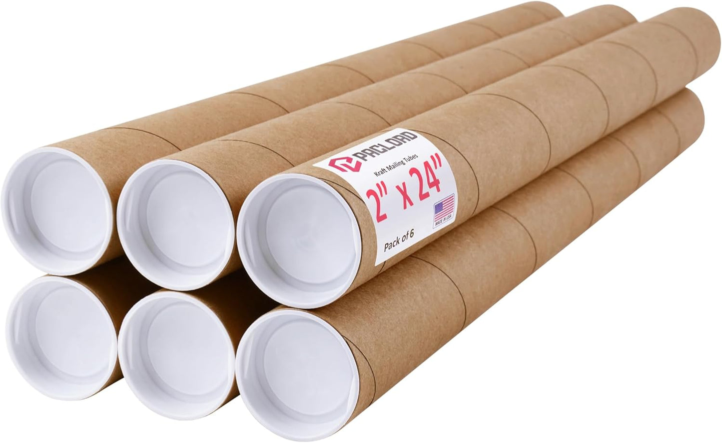 2" x 24" Reinforced Kraft Paper Mailing Tubes, Pack of 6 Tubes with 2 Caps Each – USPS Approved Poster Tube – Made in USA Cardboard Tube for Shipping and Storing Posters, Prints, Artwork, or Documents