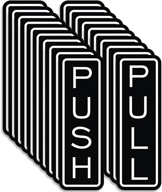 All Quality Classic Vertical Push Pull Door Signs - Great for Glass Doors | Professional Looking Signs | Easy Installation Includes Double-Sided Foam Adhesive Tape (Black) - Large (10 Pack)